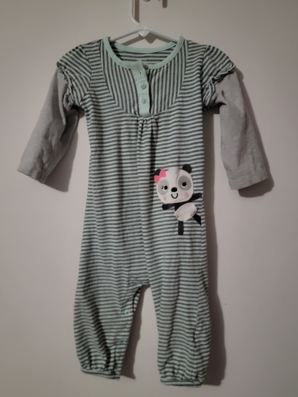 Striped Mint and Gray Baby One-Piece with Panda Appliqué